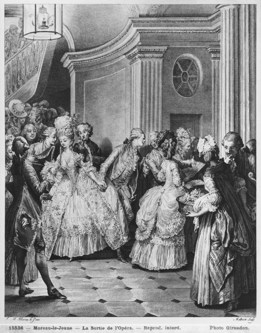 Kommer ud af operaen, indgraveret af Georges Malbeste eller Malbete (1743-1809) af Jean Michel the Younger Moreau