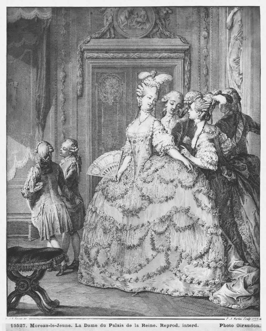 Damen ved Palais de la Reine, graveret af Pietro Antonio Martini (1739-97) 1777 af Jean Michel the Younger Moreau