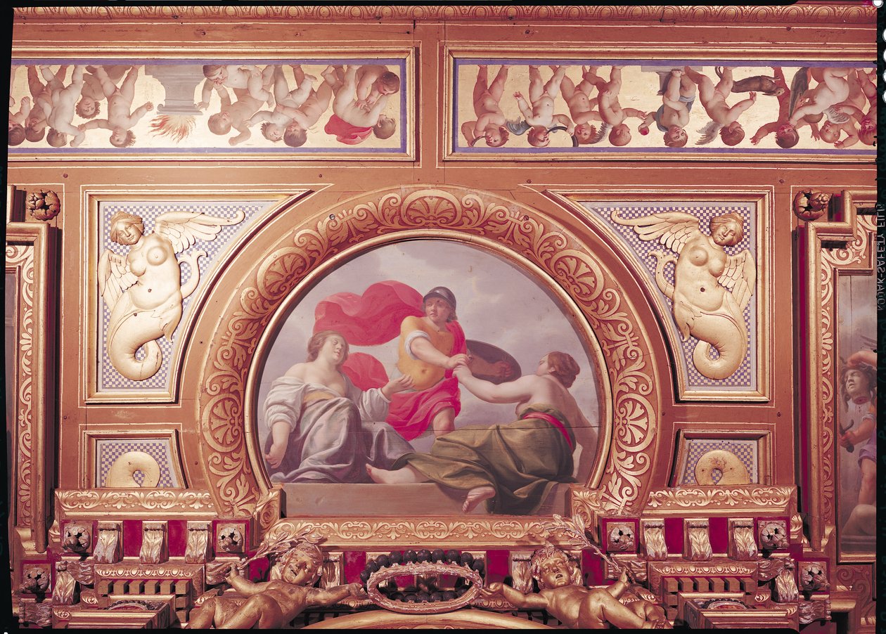 Detalje af loftet, der viser en scene fra historien om Perseus, i Kings Bedchamber, fresko omkring 1634 af Jean Laurent Mosnier