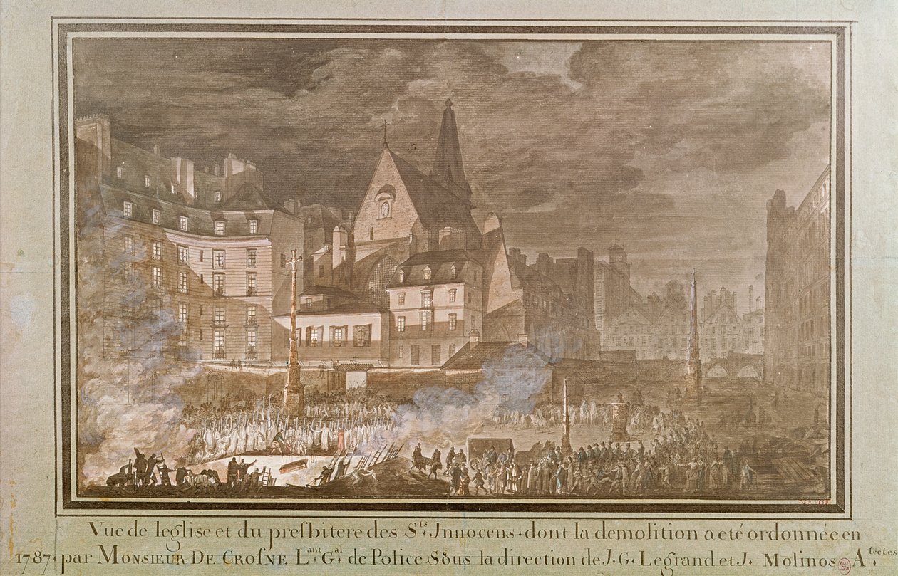 Udsigt over præstegården og Eglise des Saints-Innocents under nedrivningen, 1787 af Jean Nicolas Sobre