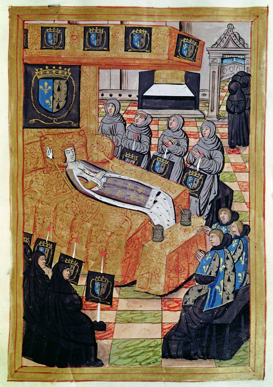 Fol.12r Hertugindedronningen på sit dødsleje, fra beretningen om Anne af Bretagnes begravelse (1477-1514) 1515 af Jean Perreal