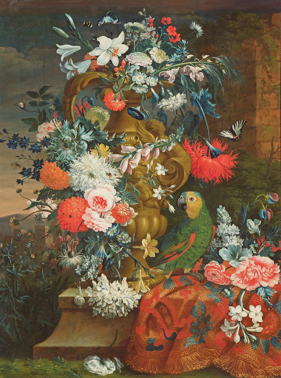 Buket blomster og en papegøje af Jean Picart