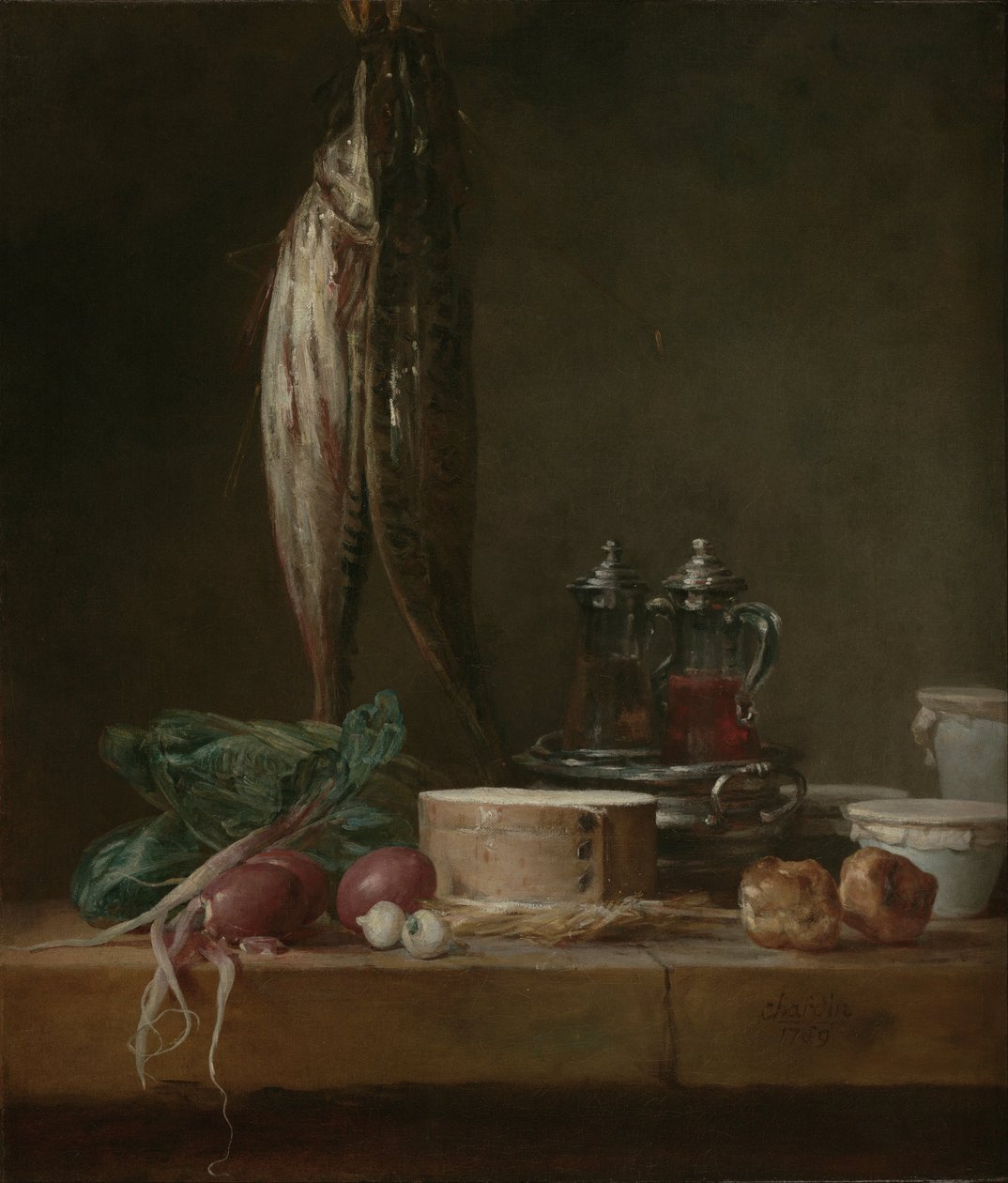 Stilleben med fisk, grøntsager, gougères, gryder og cruets på et bord af Jean Baptiste Simeon Chardin