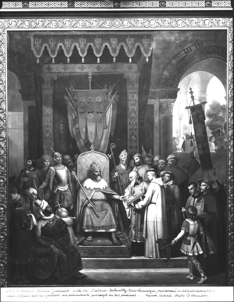 Kejser Karl den Store (747-814) omgivet af sine øverste officerer, modtager Alcuin (ca. 735-804), som præsenterer nogle manuskripter lavet af hans munke af Jean Victor Schnetz