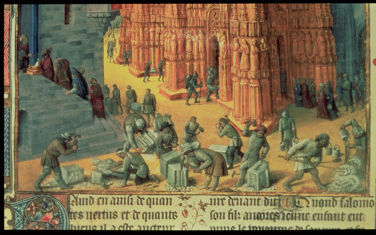 Fr 847 f.153 Bygningen af Jerusalems tempel, detalje med murere i arbejde, illustration fra "Antiquites Judaiques", ca. 1470-76 af Jean Fouquet