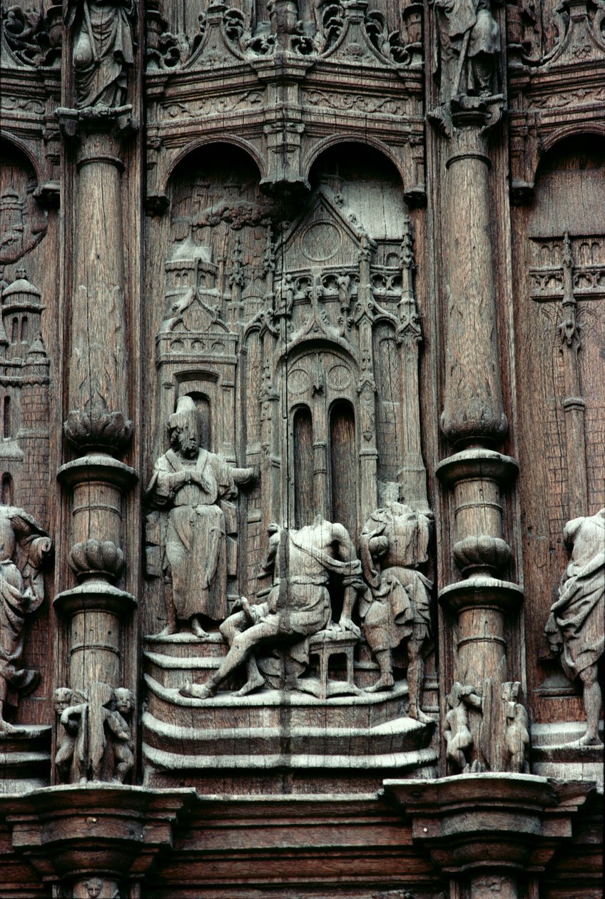 St. Peter helbreder den lamme mand, detalje fra den sydlige tværarmsportal, 1500-tallet (træ) af Jean le Pot