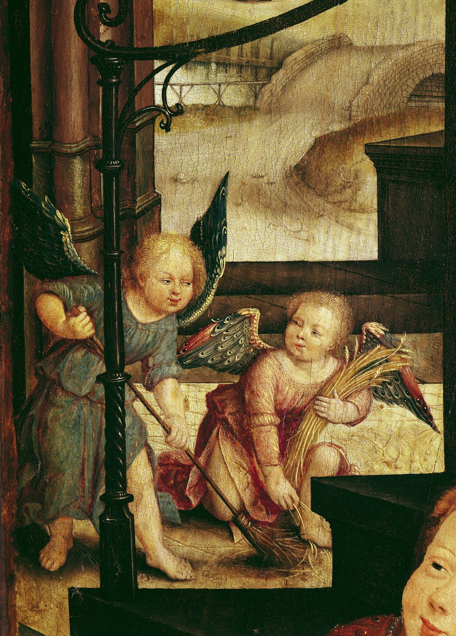 Triptykon af tilbedelsen af barnet, detalje af to engle, der fejer fra højre panel, 1529 af Jean the Elder Bellegambe
