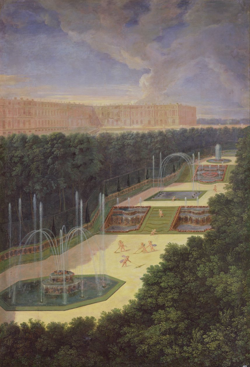 The Groves of Versailles, Perspektiv udsigt over de tre fontæner med keruber, der river og vander, 1688 af Jean the Younger Cotelle