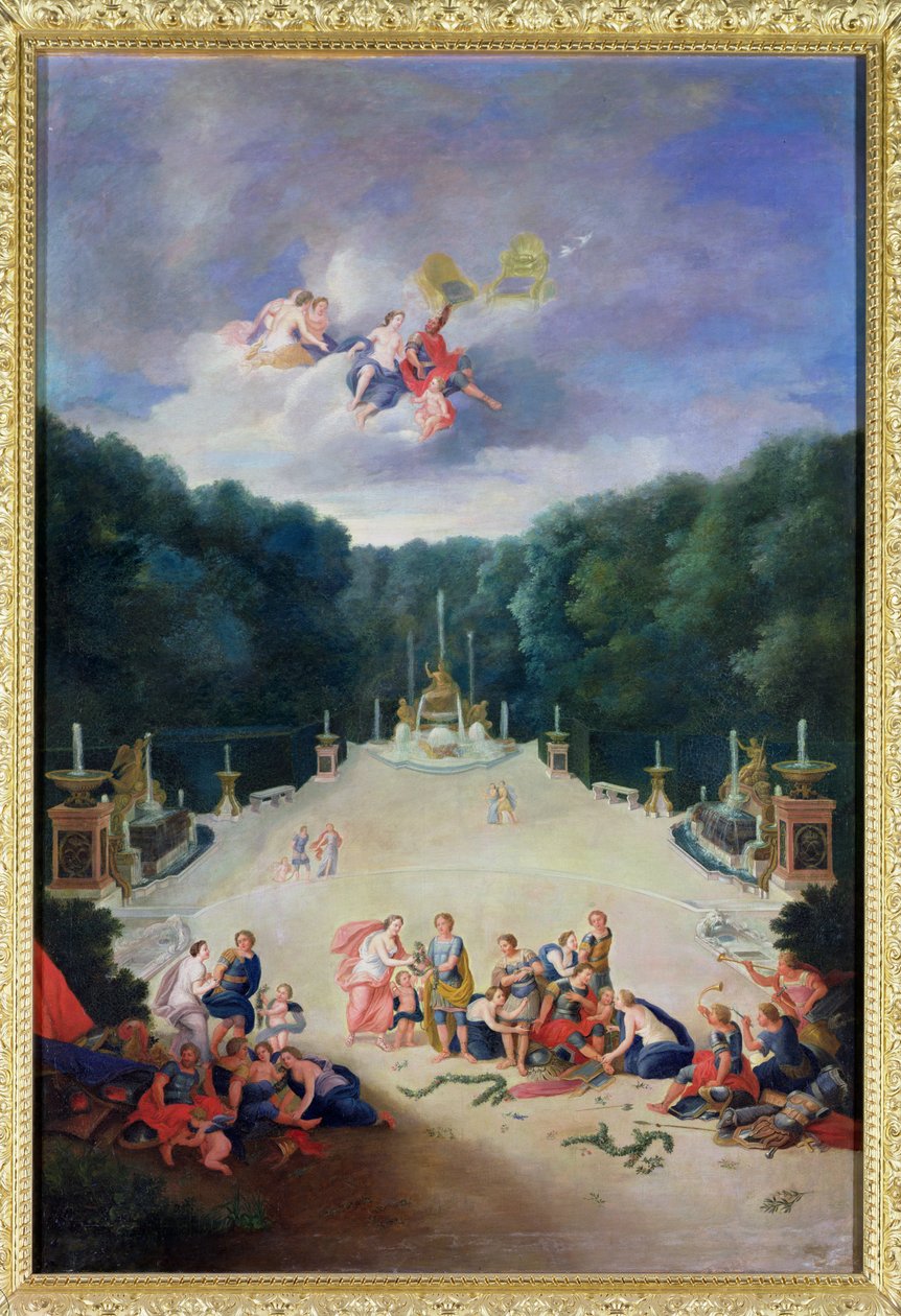 Groves of Versailles. Udsigt over Triumfbuen og Frankrig triumferende med nymfer, der lænker fanger før Venus og Mars, 1688 af Jean the Younger Cotelle