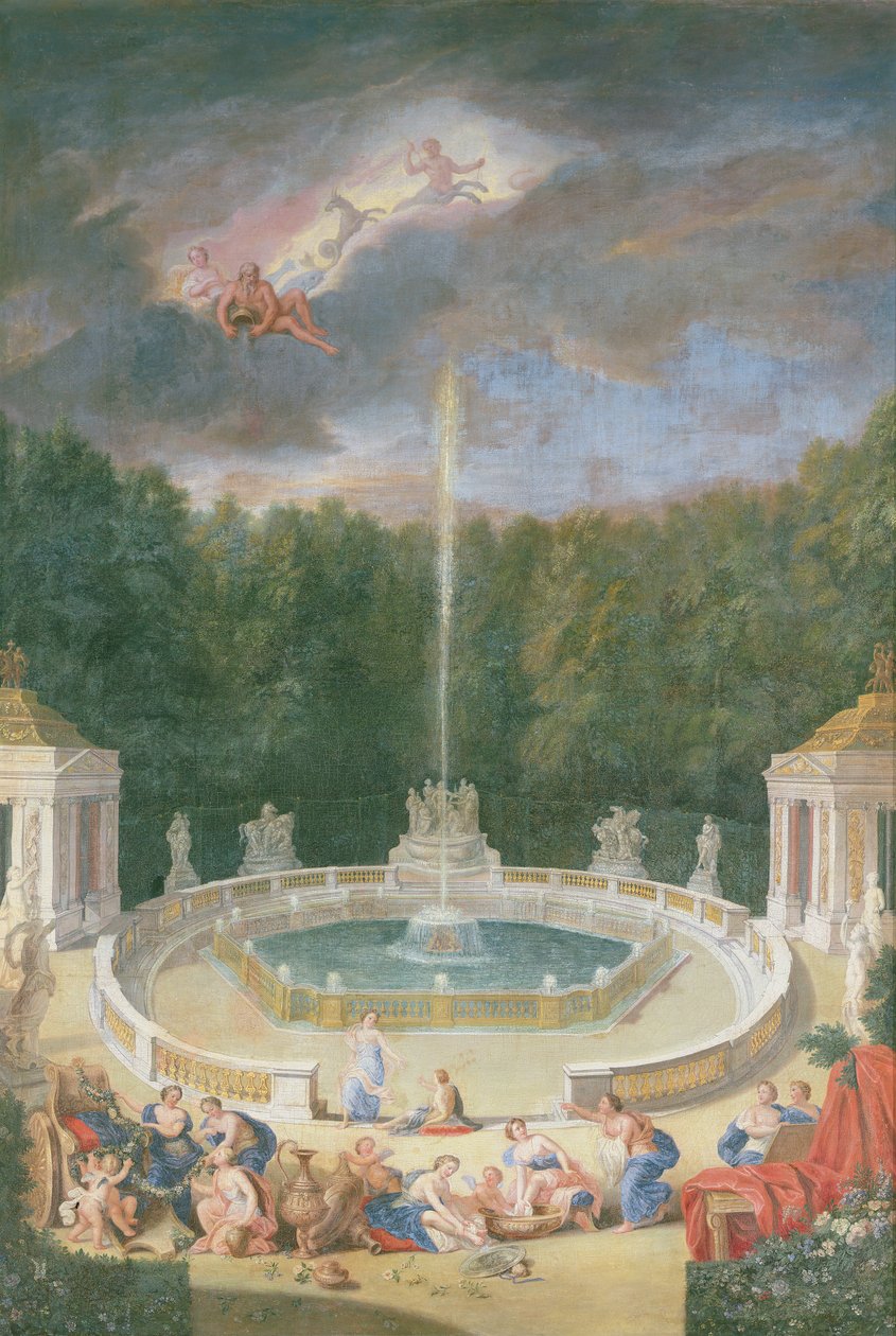 Groves of Versailles. Udsigt over Grove of Domes med nymfer, der dekorerer Apollons vogn med blomster af Jean the Younger Cotelle