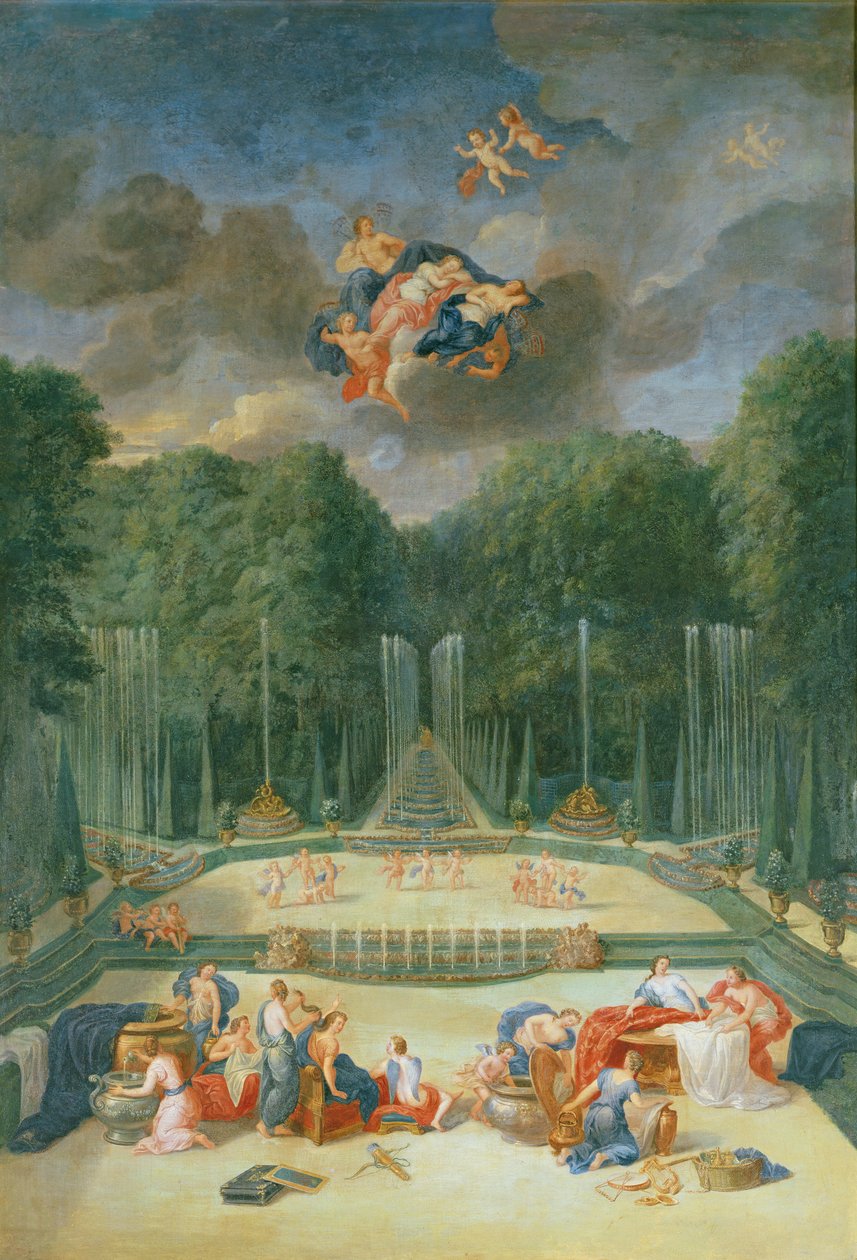 Groves of Versailles. Udsigt over Teater of Water med nymfer, der venter på at modtage Psyche af Jean the Younger Cotelle