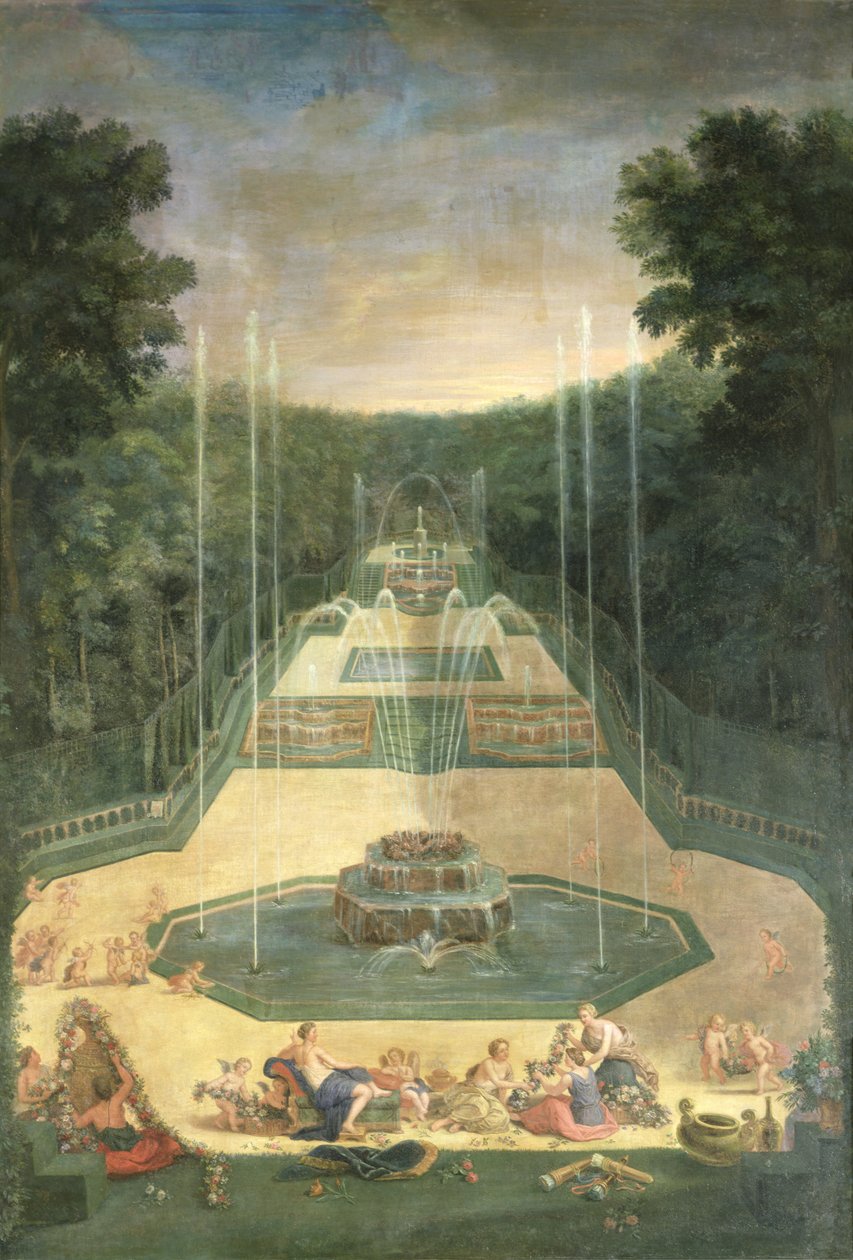 Groves of Versailles. Udsigt over de tre fontæner med Venus og keruber, der øver sig med buer og pile, 1688 af Jean the Younger Cotelle