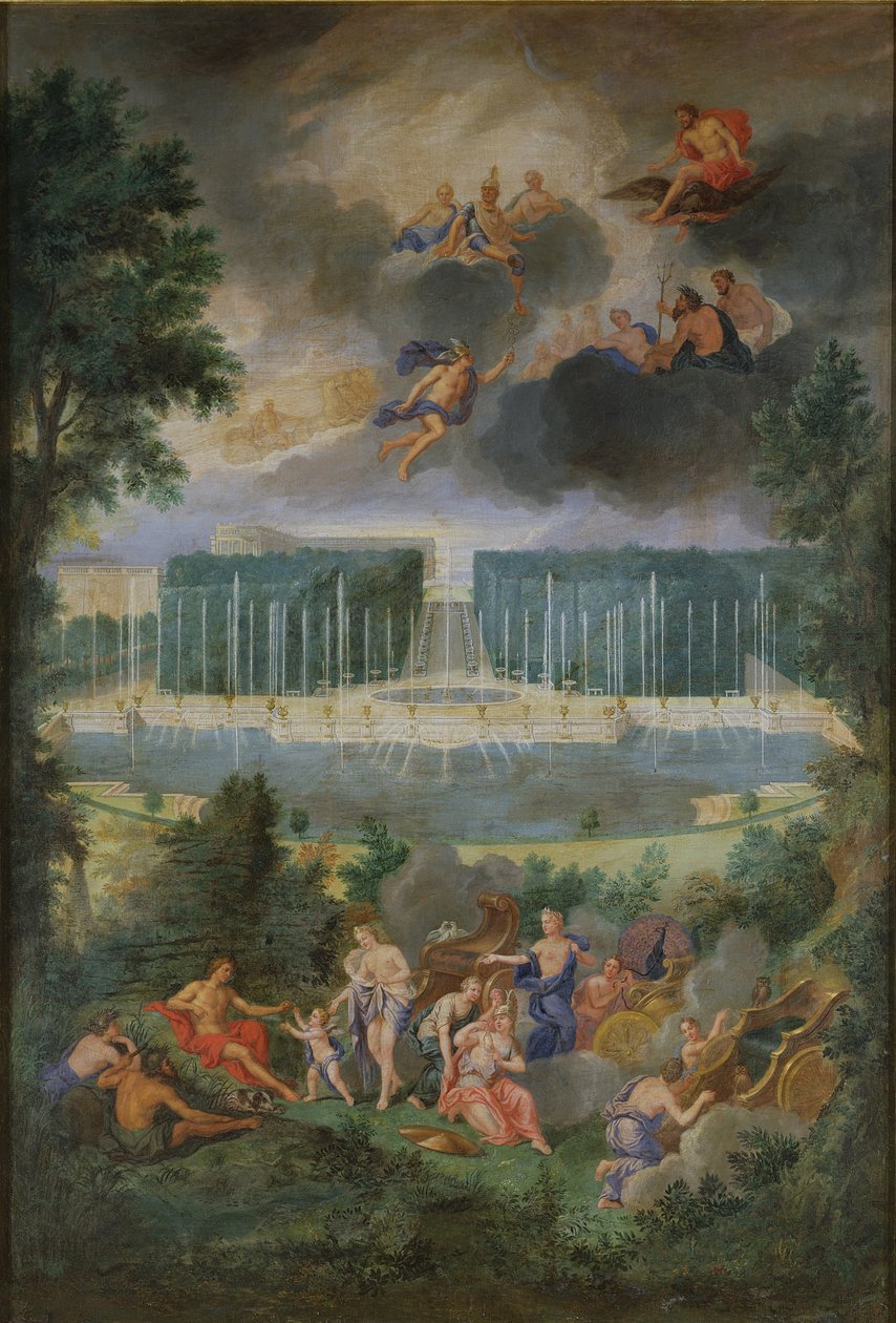 Lundene i Versailles. Udsigt til Neptunbassinet og gangbroen med Dommedag i Paris af Jean the Younger Cotelle