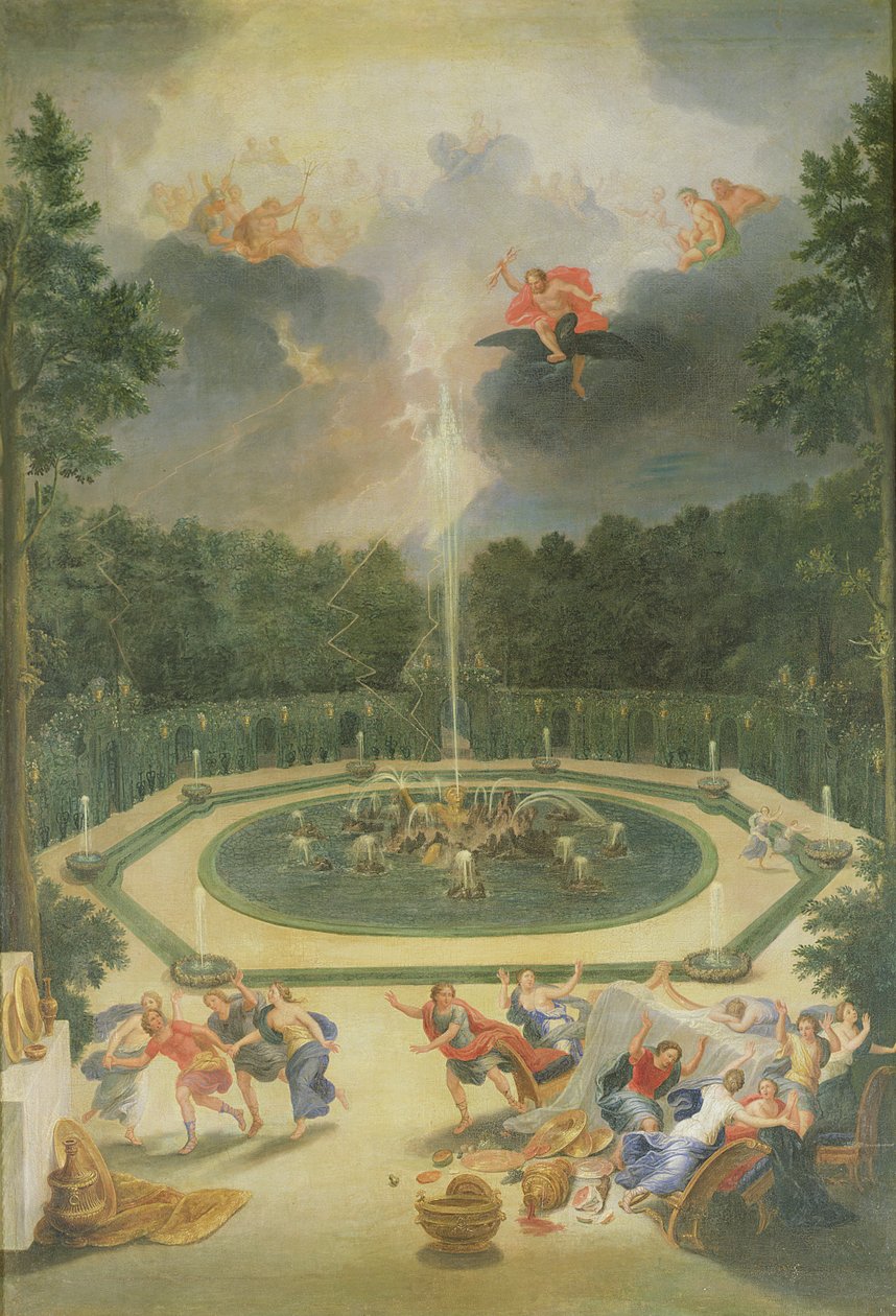 Lundene i Versailles. Udsigt til Enceladus-fontænen med Lycaons fest af Jean the Younger Cotelle