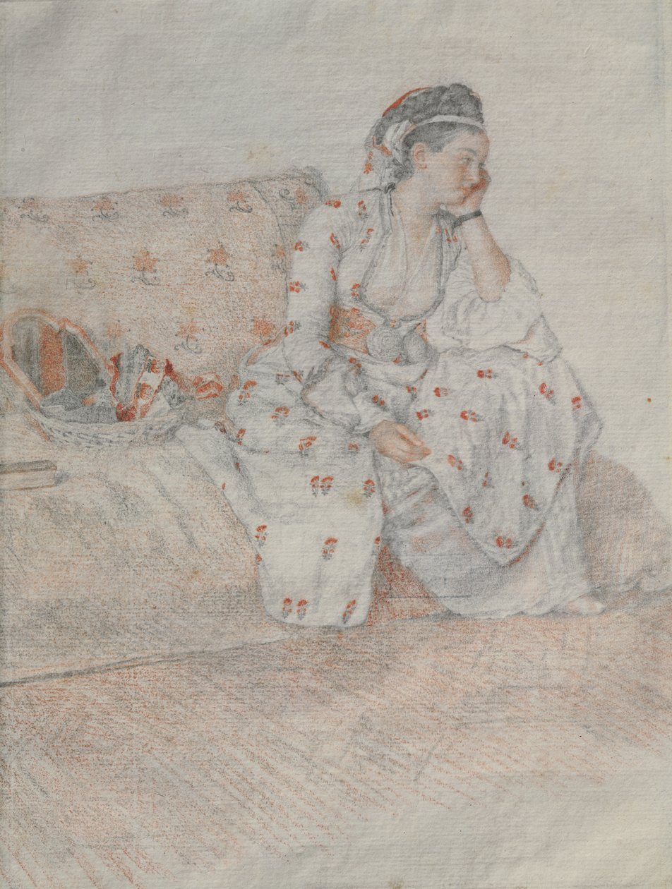 Grevinden af Coventry i tyrkisk kostume (Rødkridt og blyant på papir) af Jean Étienne Liotard
