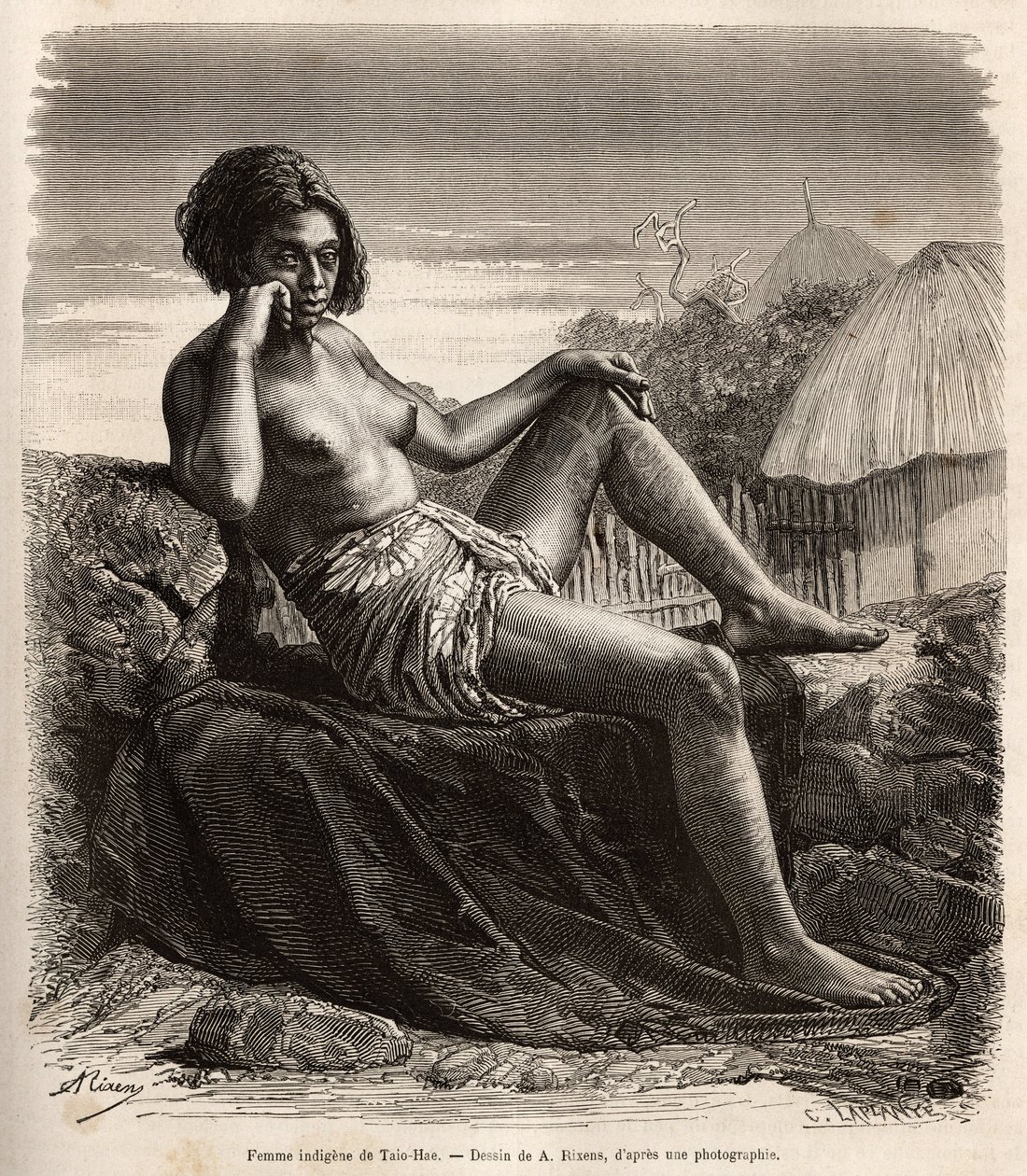 Indfødt kvinde fra Taio-Hae (eller Taio Hae), i markisernes øhav, som nonchalant viser sine tatoverede ben, gravering efter en tegning af A.Rixens, der illustrerer minderne om Stillehavet, i 1872-1874, af A.Pailhes, et skibsskilt, offentliggjort i “Le t af Jean Andre Rixens
