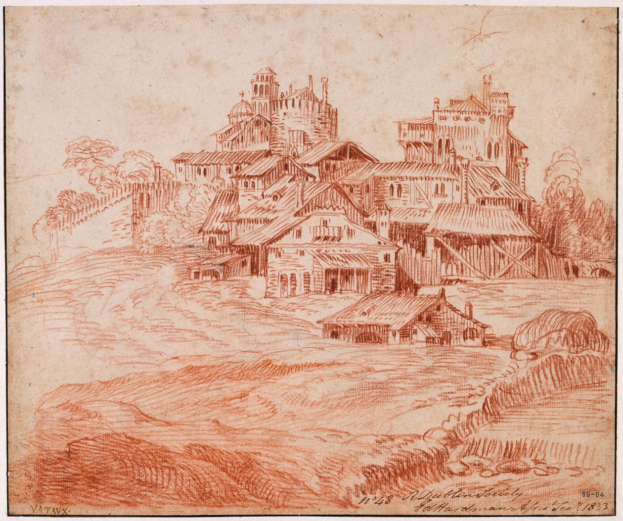 Befestigtes Dorf mit Burg, Bergfried und Kirche af Jean-Antoine Watteau