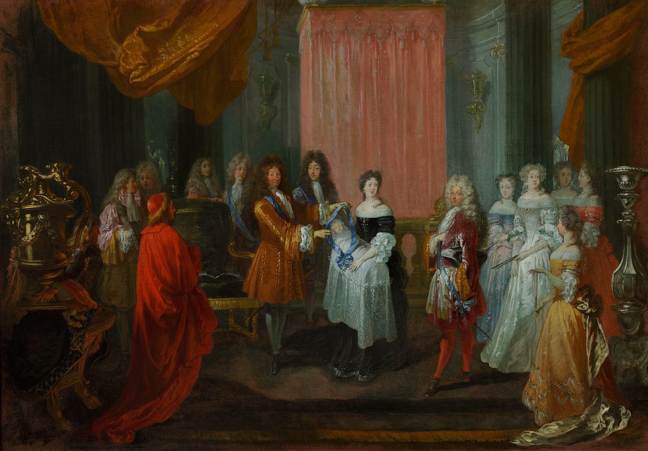 Ludvig XIV udnævner hertugen af Burgund, far til den kommende Ludvig XV, til ridder af Cordon Bleu-ordenen. af Jean-Antoine Watteau