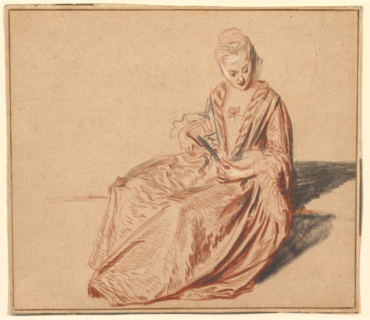 Siddende kvinde med en vifte af Jean-Antoine Watteau