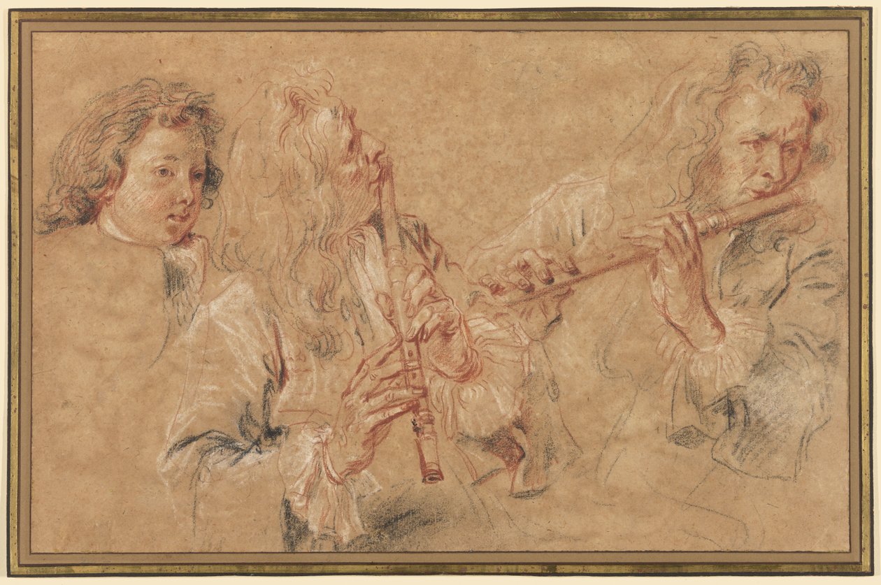 To studier af en fløjtenist og en studie af hovedet på en dreng af Jean-Antoine Watteau