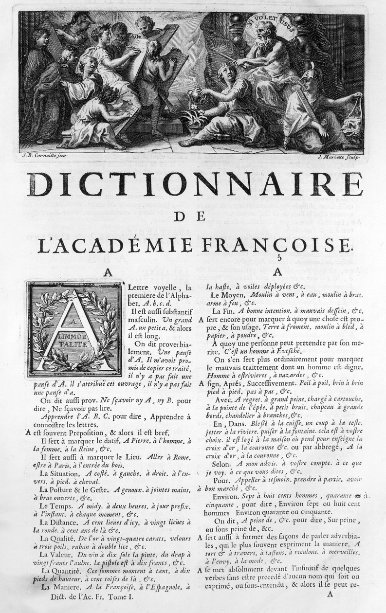 Frontispice til det franske akademis ordbog, graveret af Jean Mariette (1660-1742) af Jean Baptiste Corneille