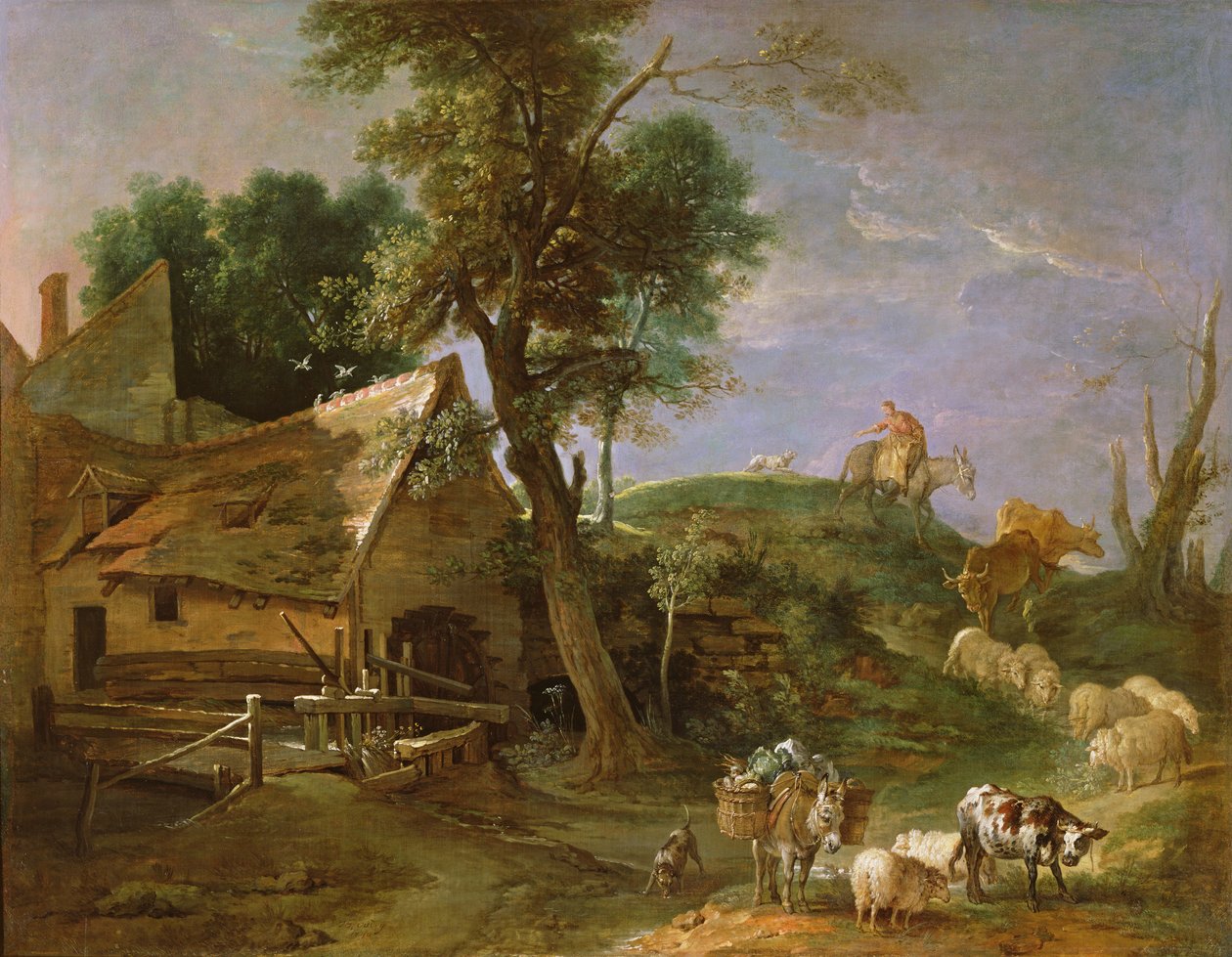 Landskab med vandmølle, 1740 af Jean Baptiste Oudry