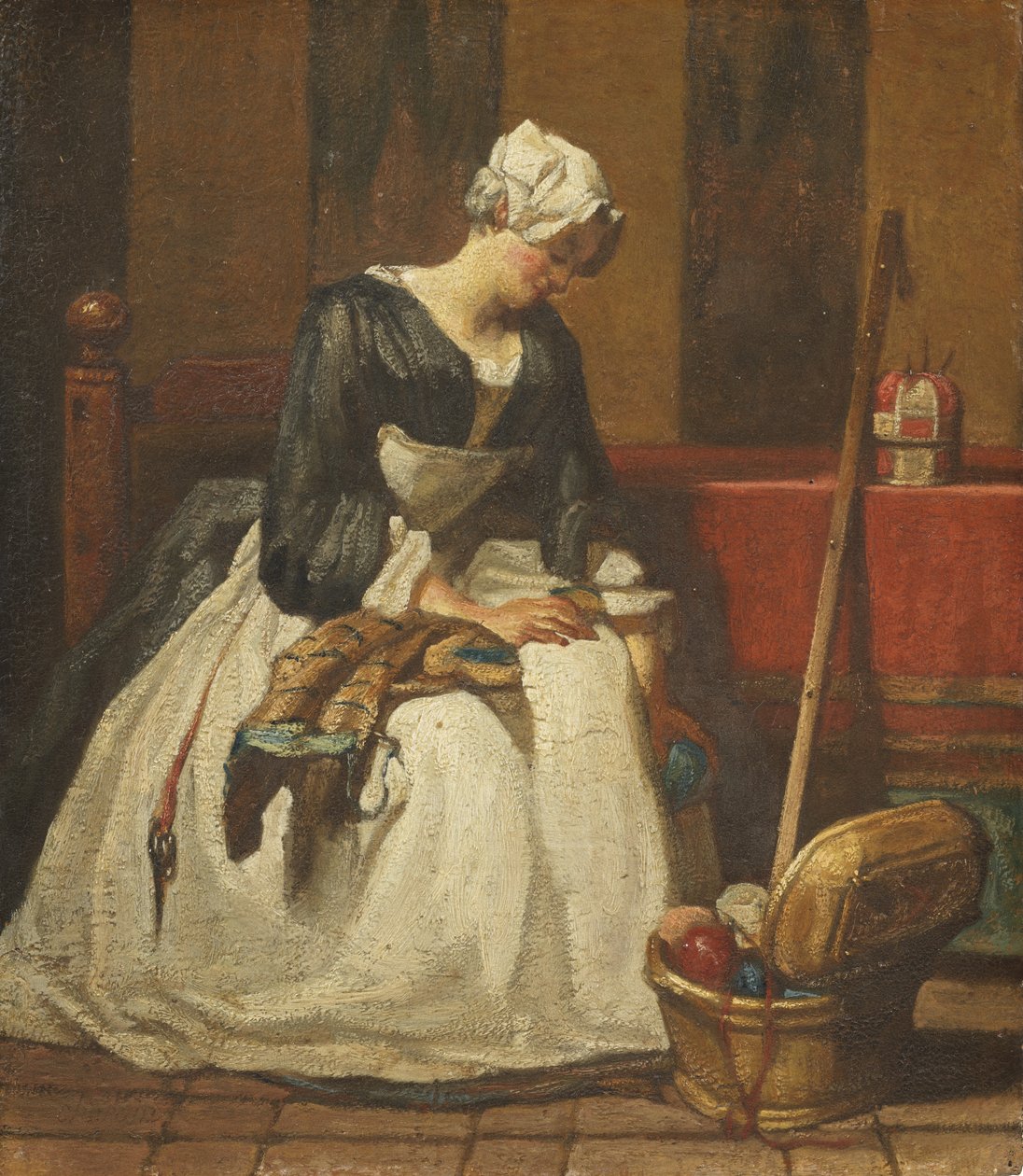 Brodereren (olie på eg) af Jean Baptiste Simeon Chardin