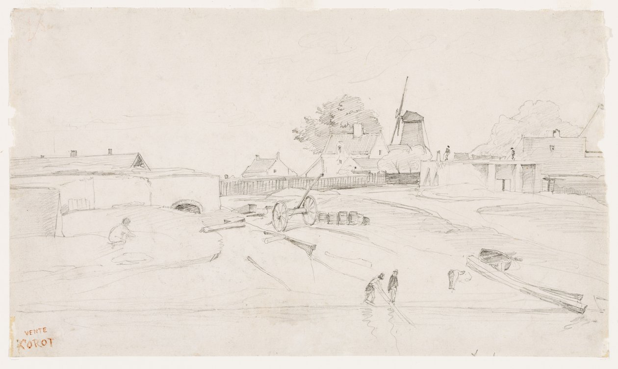 Vindmølle ved Dunkerque, ca. 1830 af Jean Baptiste Camille Corot