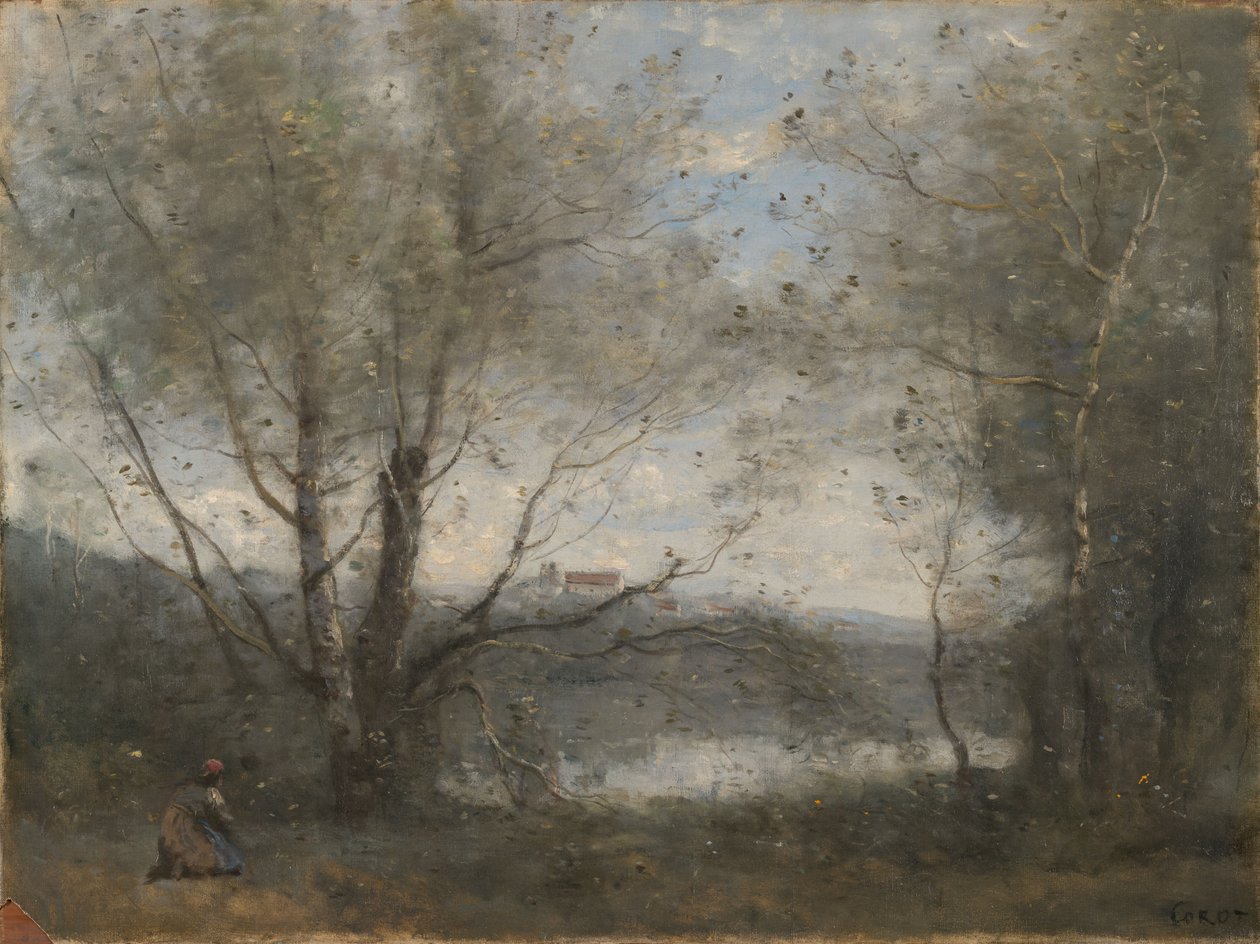 En dam set gennem træerne af Jean-Baptiste-Camille Corot