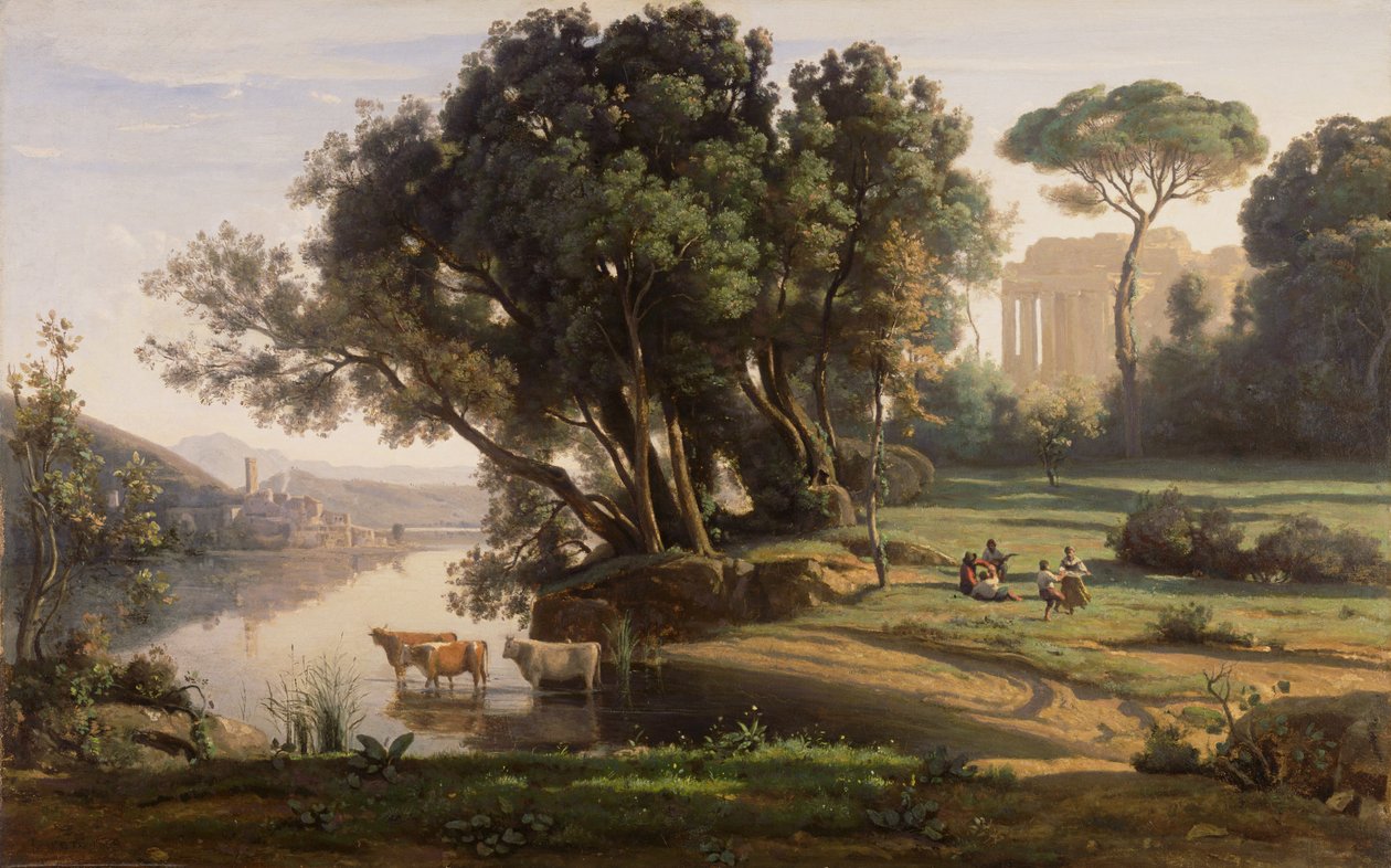 Italiensk landskab (Sted i Italien, Solopgang) af Jean-Baptiste-Camille Corot