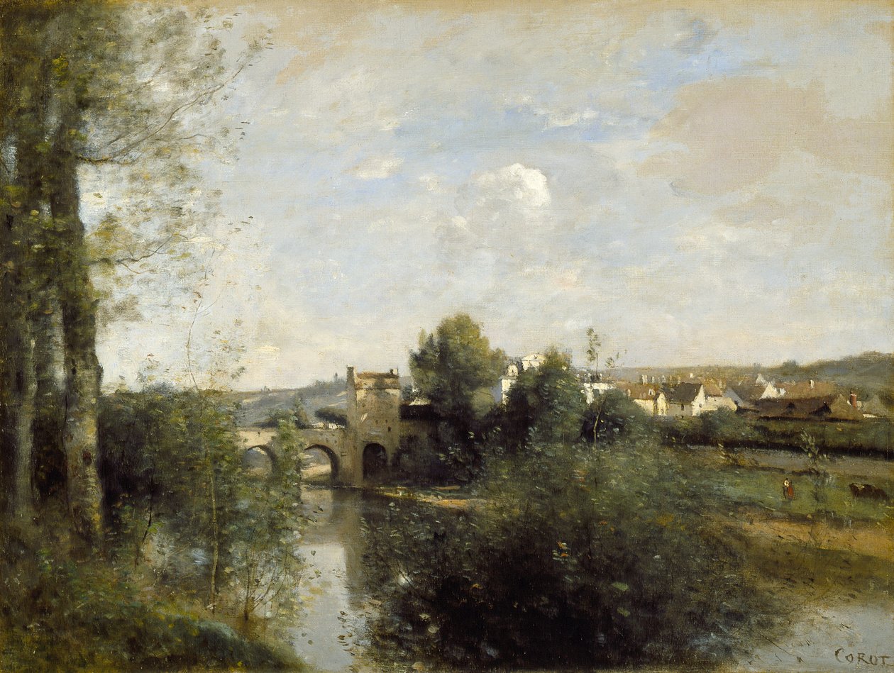 Seine og den gamle bro ved Limay af Jean-Baptiste-Camille Corot