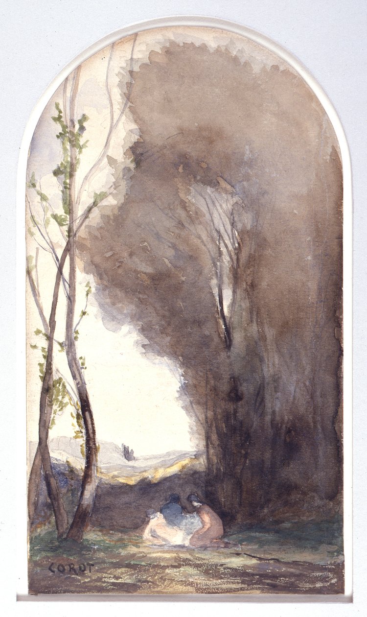 Akvarel med motivet »Den hellige Sebastian reddet af hellige kvinder« af Jean-Baptiste-Camille Corot