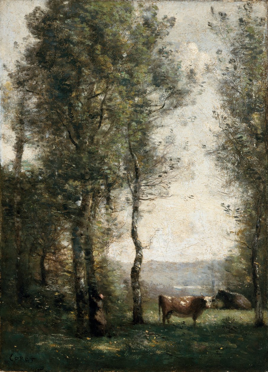 Skovklædt landskab med køer i en lysning af Jean-Baptiste-Camille Corot