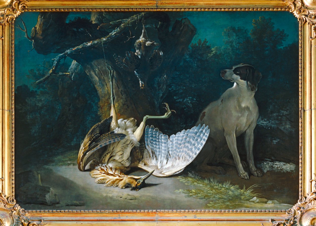 Butor et perdrix gardes par un chien blanc - Rørdrum og agerhøne vogtes af en hvid hund ... af Jean-Baptiste (school of) Oudry