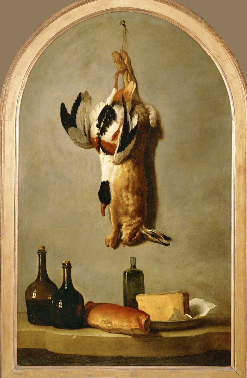 Stilleben med død hare, and, flasker, brød og ost ... af Jean Baptiste (school of) Oudry