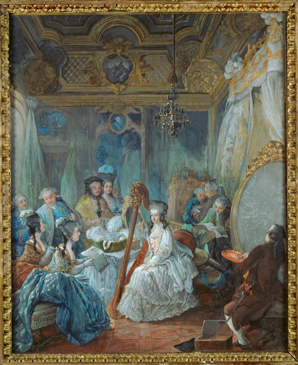 Marie-Antoinette i sin lejlighed i Versailles, omgivet af medlemmer af sit hof ... af Jean-Baptiste Andre Gautier Dagoty