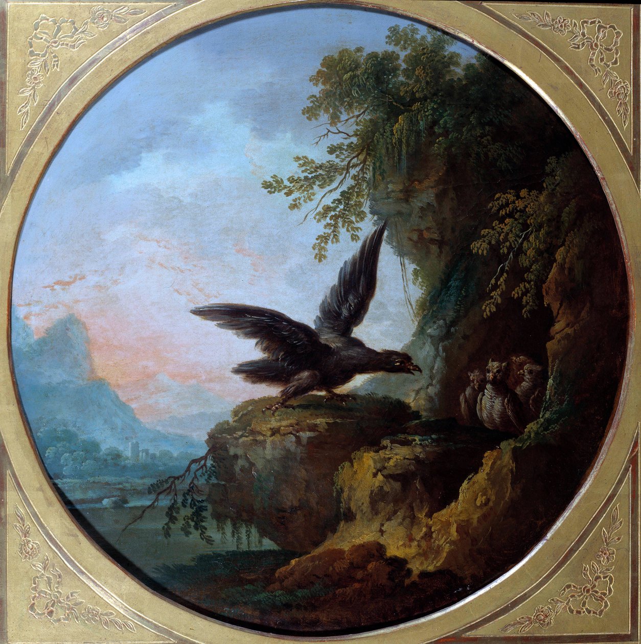 Ørnen og uglen. Illustration til fabel af Jean de La Fontaine. Maleri af Jean Baptiste Claudot (1733-1805) af Jean Baptiste Claudot