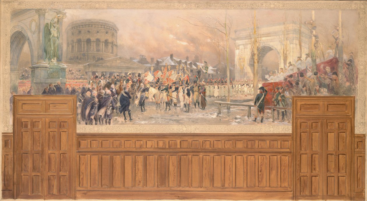 Paris kommunes modtagelse på barrière de la Villette af tropper, der vender hjem fra Polen efter felttoget 1806-1807, mellem 1901 og 1902 (olie på lærred) af Jean Baptiste Edouard Detaille