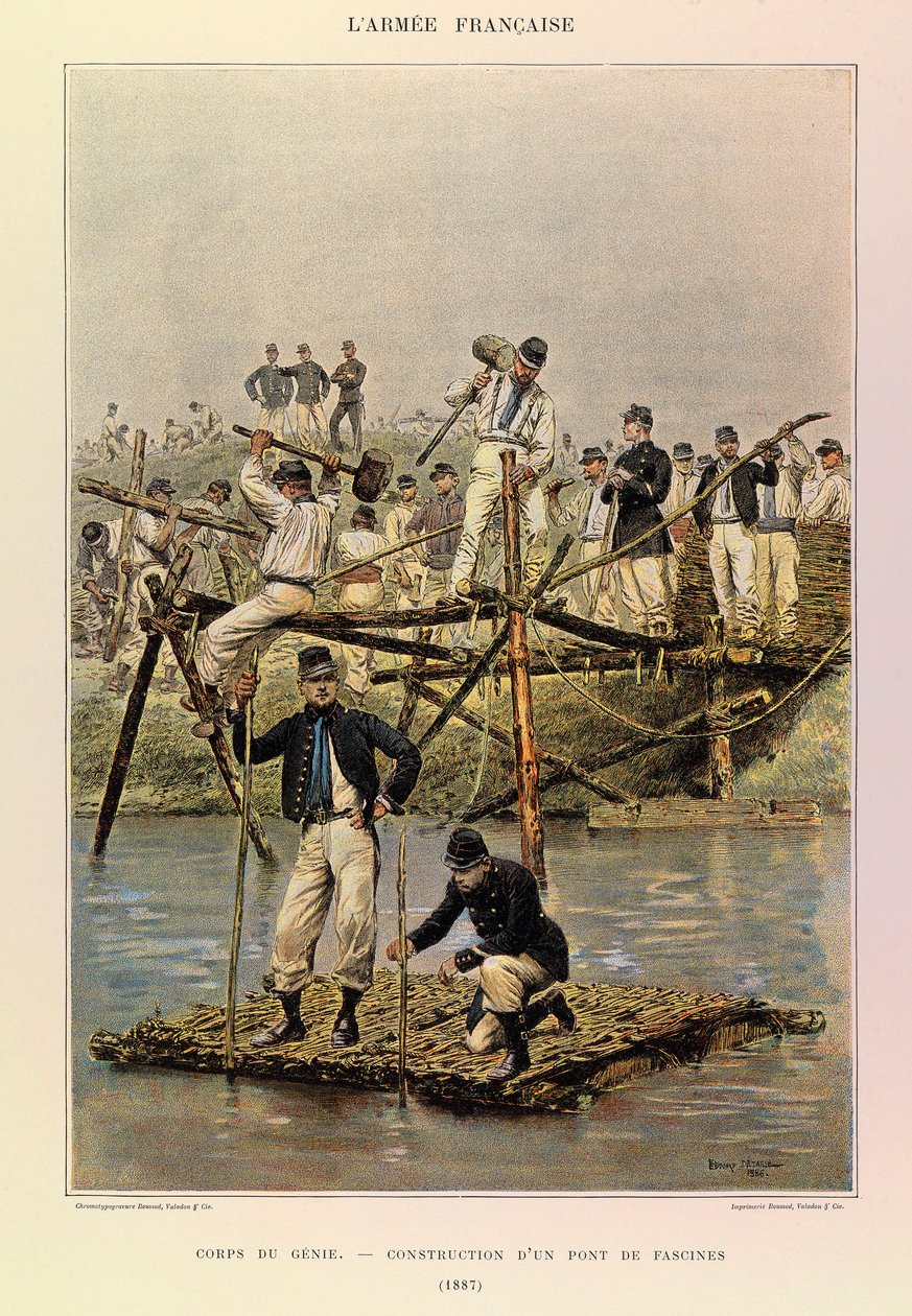 Typer og uniformer af kaptajn Jules Richards franske armé, illustreret af Edouard Detaille (1848-1912): Corps de Genie; Opførelse af en bro af faskiner i 1887, Privat samling af Jean-Baptiste Edouard Detaille
