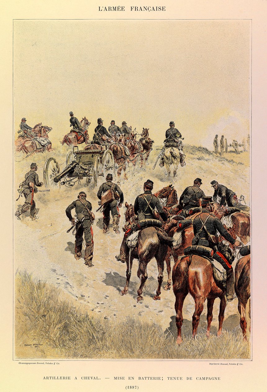 Typer og uniformer af kaptajn Jules Richards franske Armee, illustreret af Edouard Detaille (1848-1912): Artilleri til hest; Batterier; Markkjole i 1887, Privat samling af Jean Baptiste Edouard Detaille