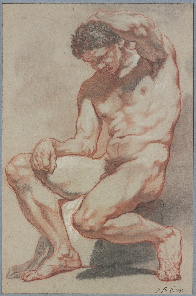 Siddende mandlig nøgenmodel af Jean-Baptiste Greuze