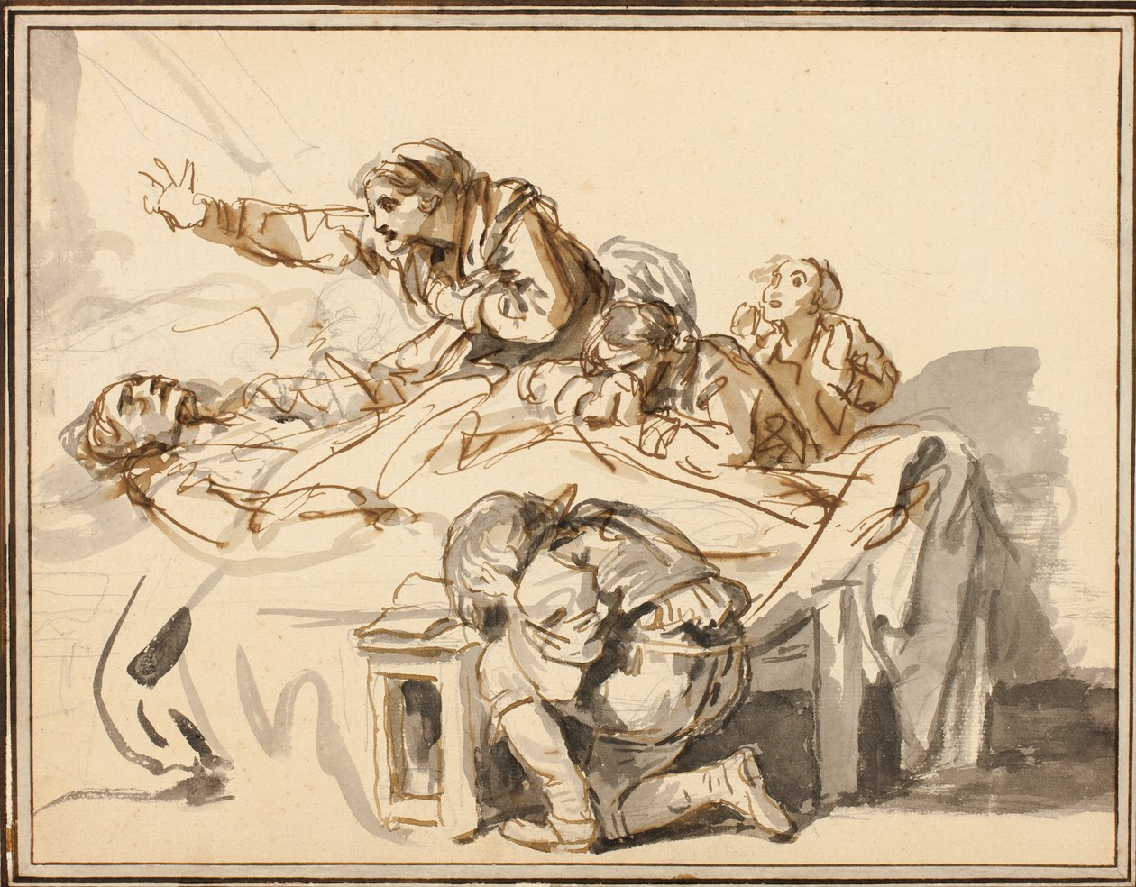 Kvinder og børn sørger over en død mand af Jean-Baptiste Greuze