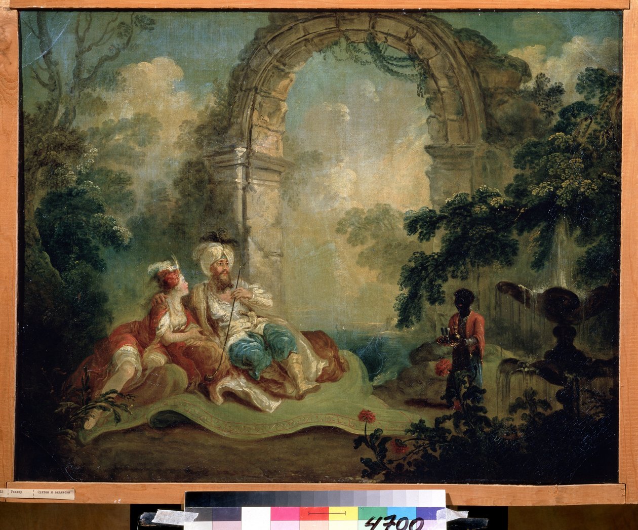 Orientalisme: "Tyrkisk pasha og odalisque liggende på et tæppe, de betjenes af en sort tjener" (tyrkisk pasha og odalisque) Maleri af Jean Baptiste Hilaire (1753-cirka 1822) Pouchkine Museum, Moskva af Jean Baptiste Hilaire