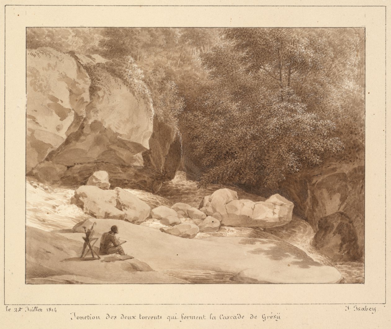 Sammenløbet af de to strømme, der danner Grésy-vandfaldet af Jean-Baptiste Isabey
