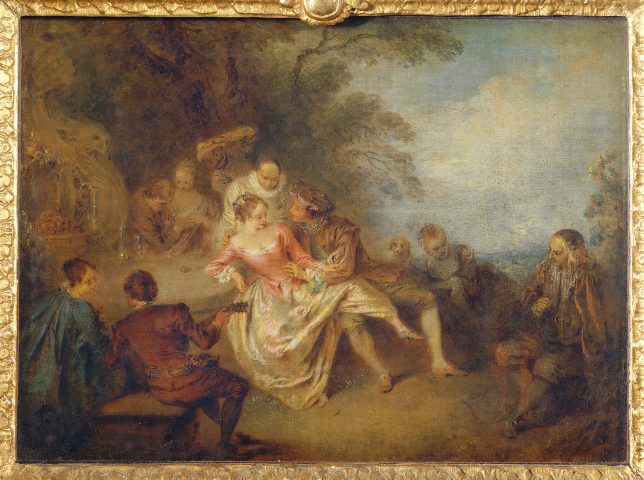 Gensyn med italienske komedieskuespillere i en park ... af Jean-Baptiste Joseph Pater