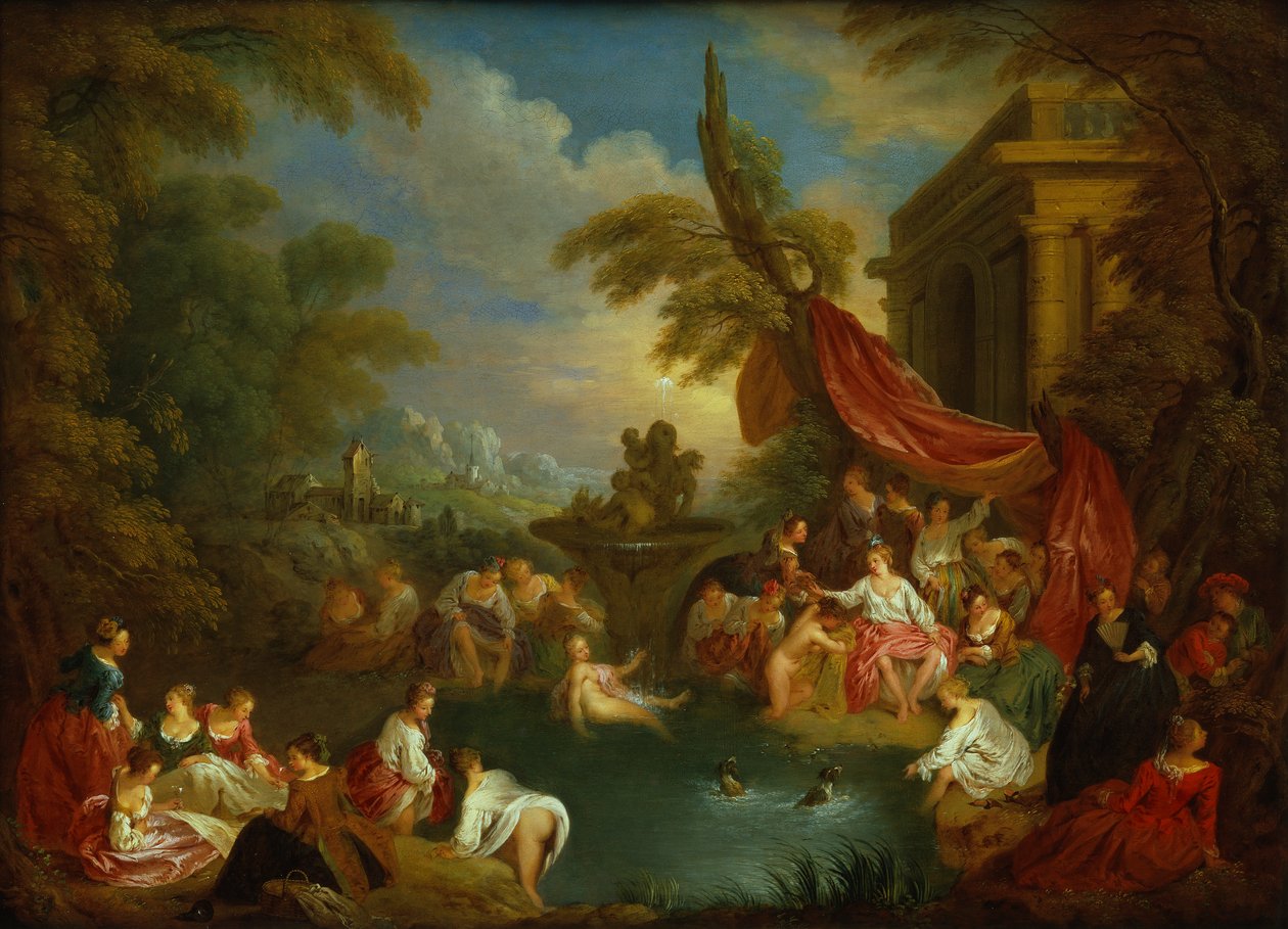 The Bathers (olie på kobbergravørplade) af Jean Baptiste Joseph Pater