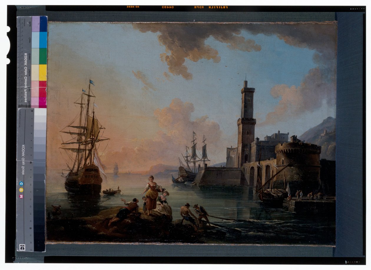 Kalastajat ja kurtisaanit Välimeren satamassa auringonlaskun aikaan af Jean Baptiste Lallemand