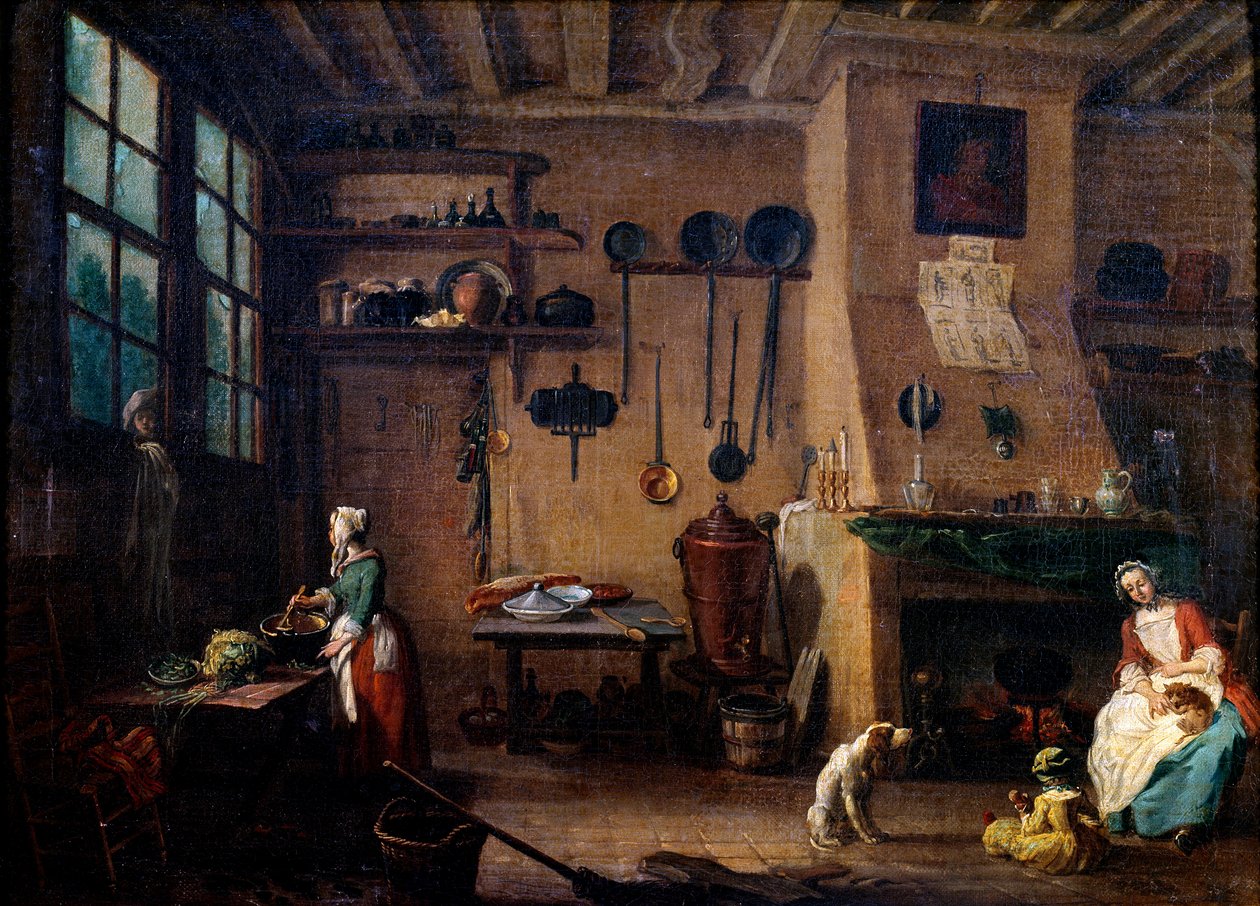 Køkkeninteriør i 1700-tallet. En kok tilbereder et måltid. I baggrunden ser vi køkkenredskaberne hænge langs væggen. Maleri af Jean Baptiste Lallemand (1710-1803) 1700-tallets Dijon, Museum of Fine Arts af Jean Baptiste Lallemand