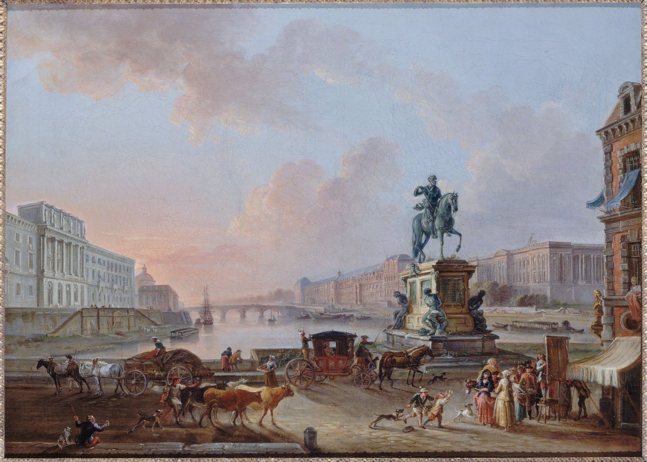 La Monnaie, Pont Royal og Louvre, set fra Pont-Neuf terre-plein, ca. 1775, ca. 1775 (olie) af Jean Baptiste Lallemand