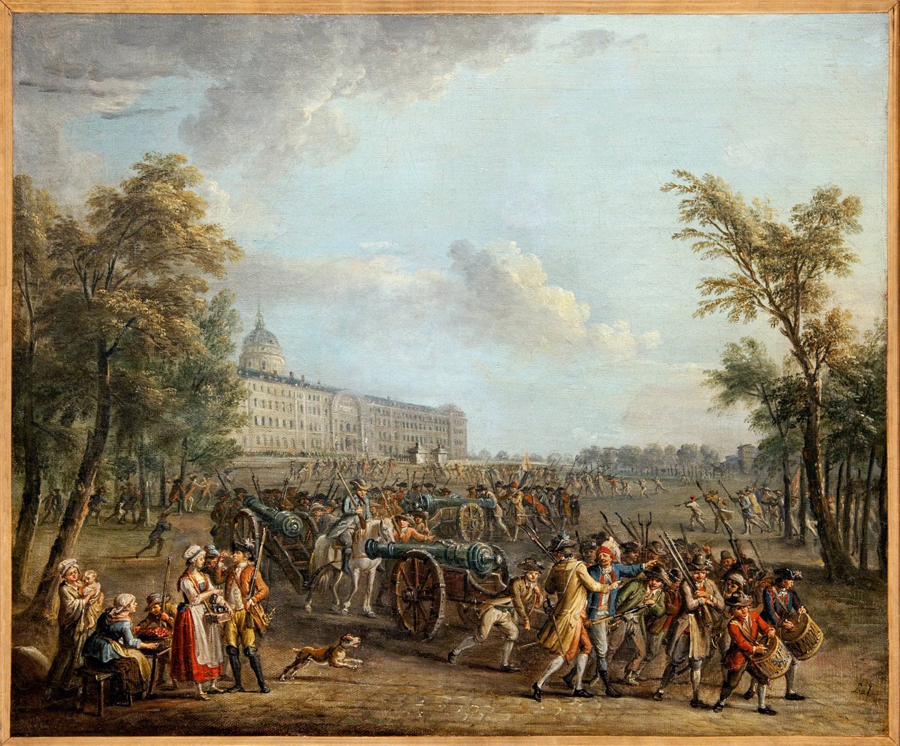 Våbenplyndring ved Invalides invaderede befolkningen i Paris, efter at have taget Garde Meuble i besiddelse den 13. juli, Invalides den 14. juli 1789 og tog 4 kanoner og 34.000 kanoner, Maleri af Jean Baptiste Lallemand (1716-1803) . Fotografi, KIM Youngta af Jean Baptiste Lallemand